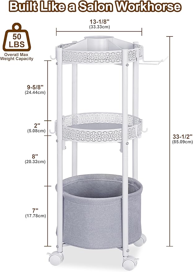 Makeup Organizer Cart with Hair Dryer Holder, 3-Tier Round Rolling Makeup Cart, Small Space Floor Vanity Organizer Cosmetic Display Cases for Skin Care Perfume Nail Polish Brush Tools, White