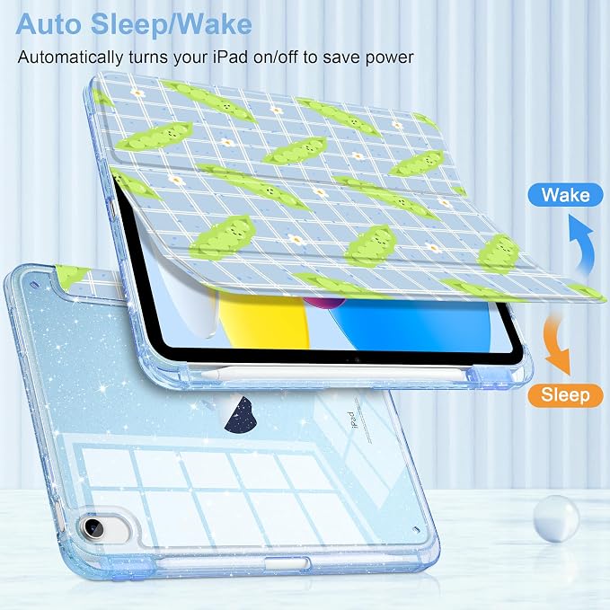 MEEgoodo Case for iPad A16 11th Generation 2025/10th Generation 2022 Glitter Tablet Cases with Transparent Acrylic Back+Trifold Stand +Pencil Holder+Auto Wake/SleepAbstract Sun &amp Palm Tree