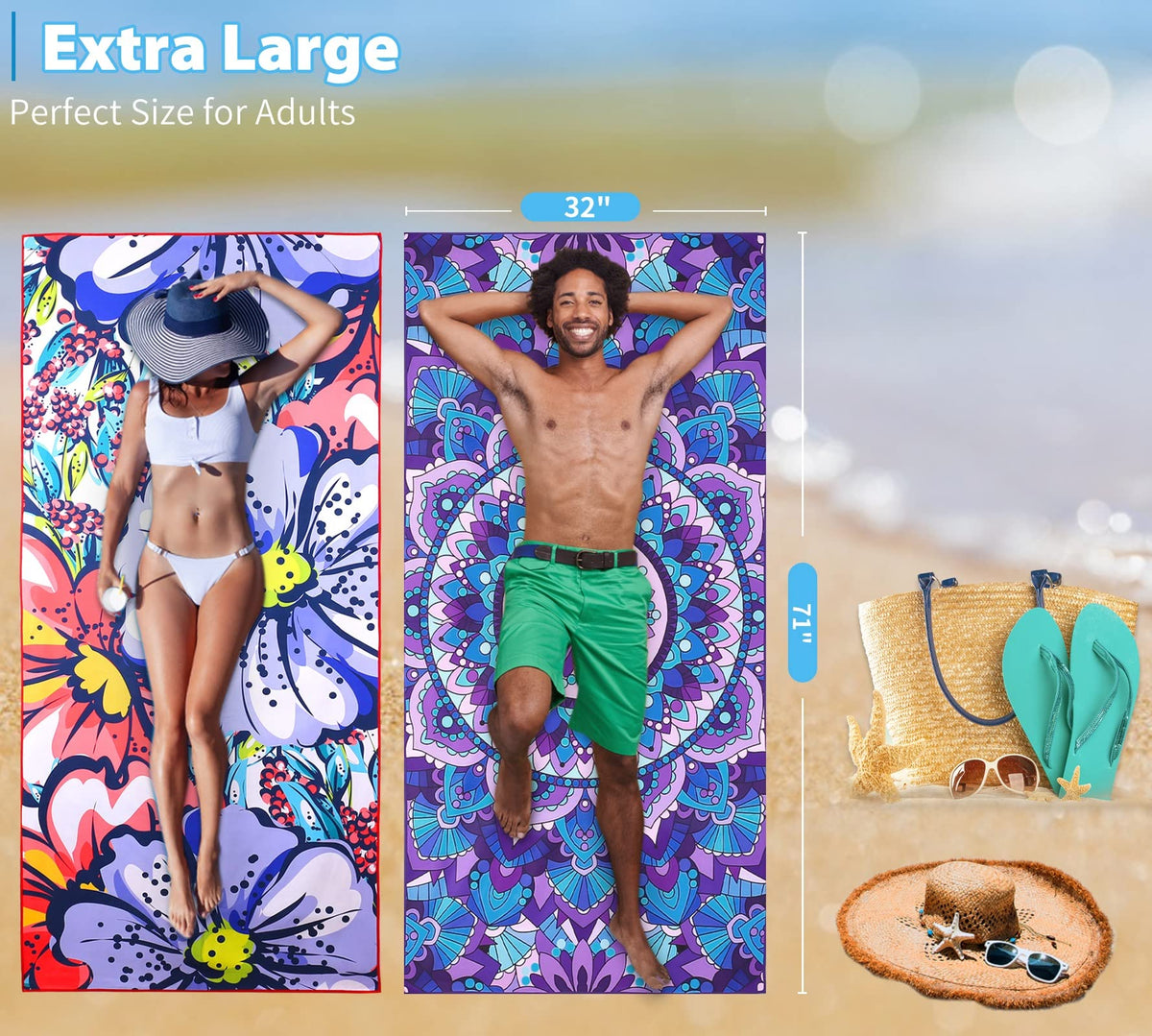 Qinqinamu Microfiber Beach Towel with Bag Oversized 71x32 Sand Free 2 Pack