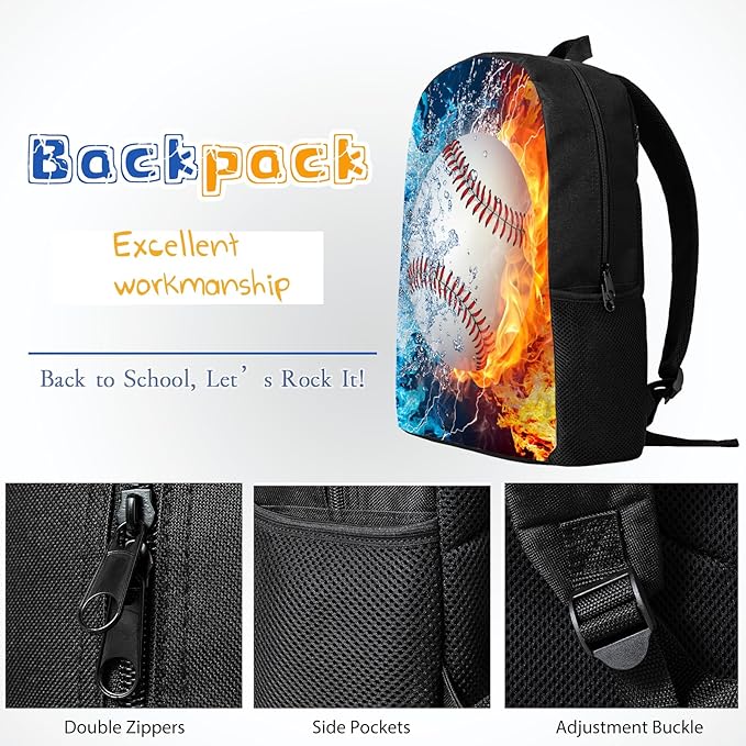 3PCS Baseball Backpack Set for Boys, Lightweight Large Backpack with Lunch Box & Pencil Case, Cool Sport Bookbag for Kids, Back to School Backpacks for Elementary & Middle School - 02