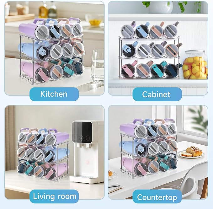 Larger Water Bottle Organizer for Stanley 40 oz Tumbler, Stackable Water Bottle Holder Rack for Cabinet, Kitchen Storage Organizer for for Stanley Cup Accessories, Tumbler Storage Holder, 3 Pack