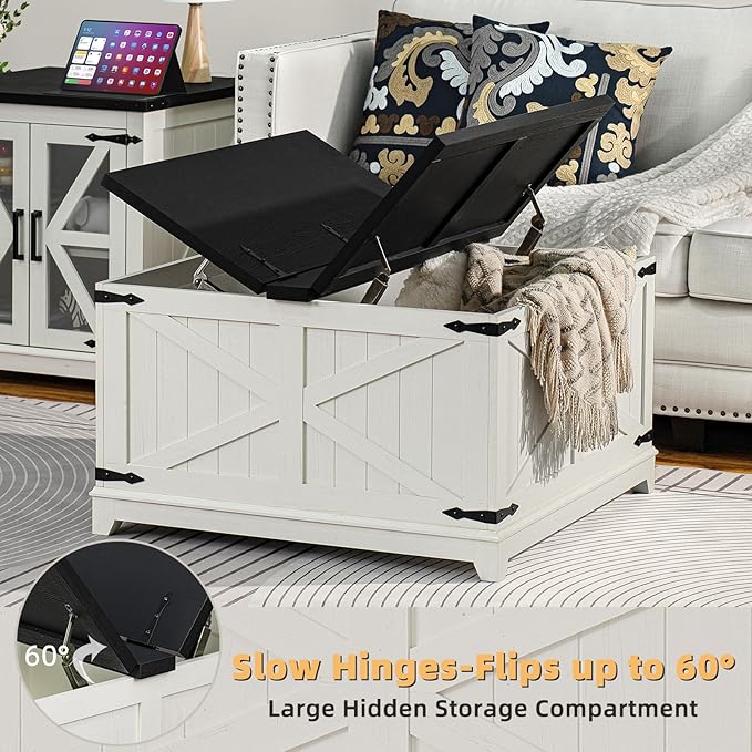 Farmhouse Coffee Table Sets 3 Pieces, Narrow Night Stand with Glass Barn Door Storage, Large Coffee Tables with Hidden Storage Organizer, Wood Furniture Sets for Living Room, Office, White