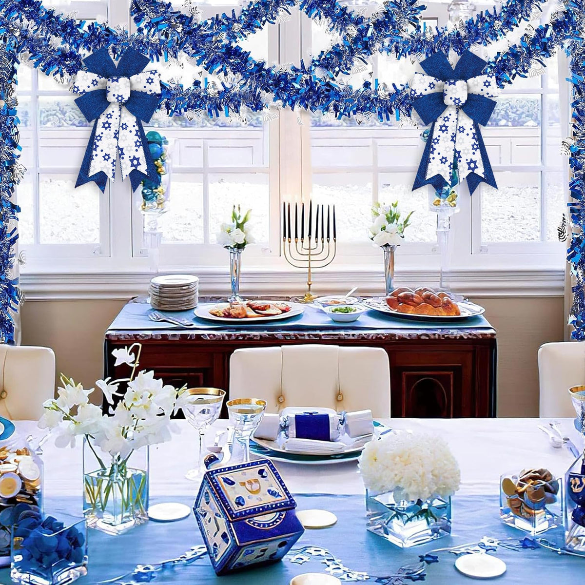 2 PCS Hanukkah Wreath Bows Chanukah Star of David Royal Blue White Ribbon Bows for Wreath, Medium Tree Topper Bows for Jewish New Year Party Home Indoor Outdoor Decoration Wreath Ornament Supplies