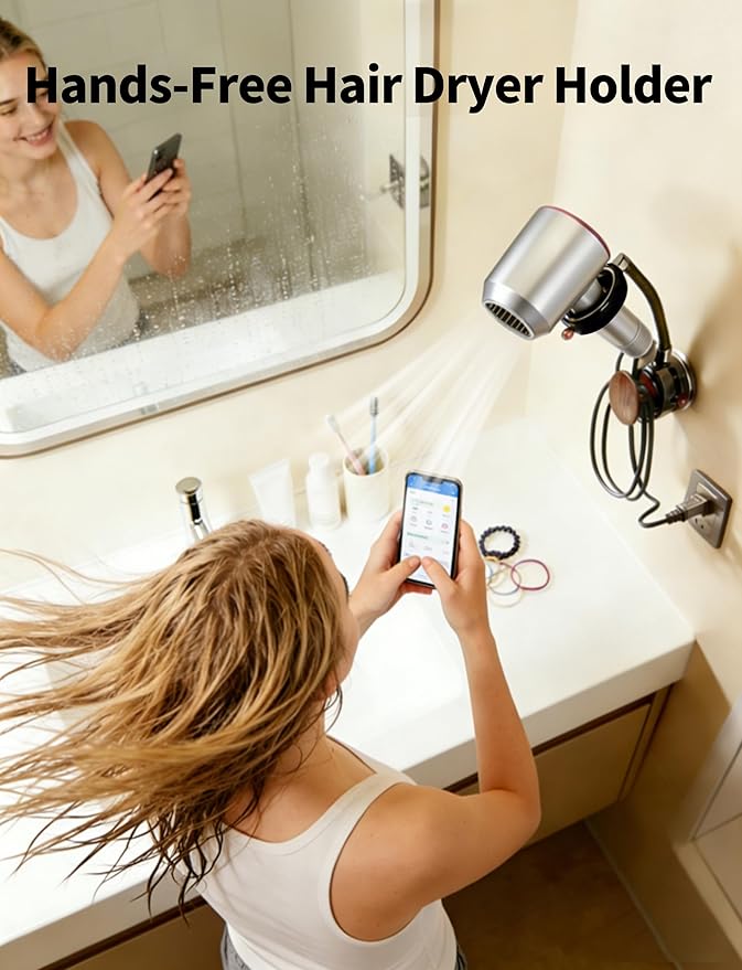 Hands Free Hair Dryer Holder Wall Mounted with Suction Cup, No Drill Installation for Damage-Free Walls, 360° Adjustable Blow Dryer Holder Fits Most Hair Dryers for Bathroom Organization1 Pack(Black)