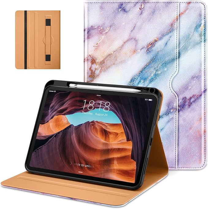 DTTO for iPad (A16) 11th Generation 11-inch &amp 10th Gen Case Brown | Premium Leather Business Cover with Pencil Holder Hand Strap &amp Pocket Corner Protection Auto Sleep/Wake for Work &amp