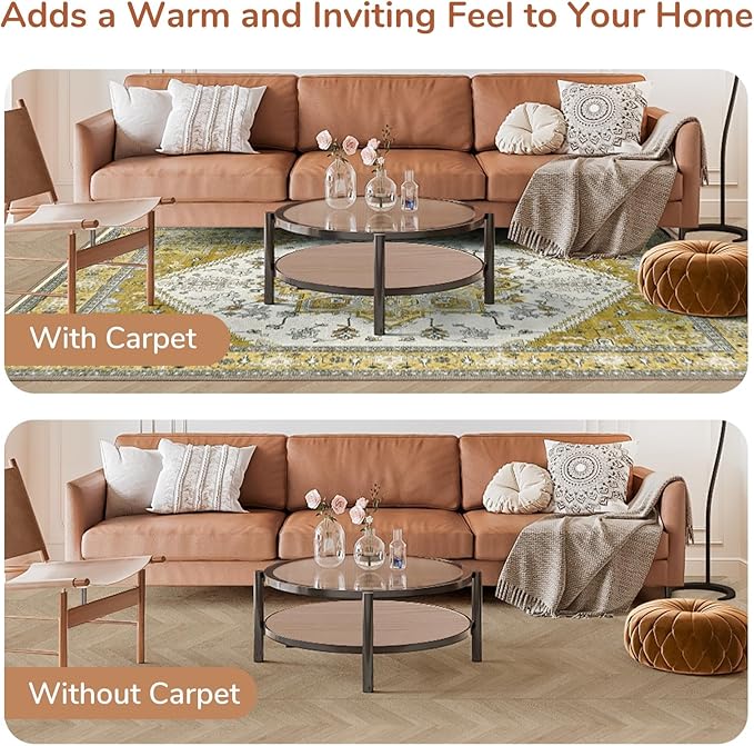 OPPODREAM Thin 10x14 Area Rugs, Washable Rugs 10x14 with Non Slip Backing, Low-Pile Faux Cashmere 10 x 14 Carpet, Yellow