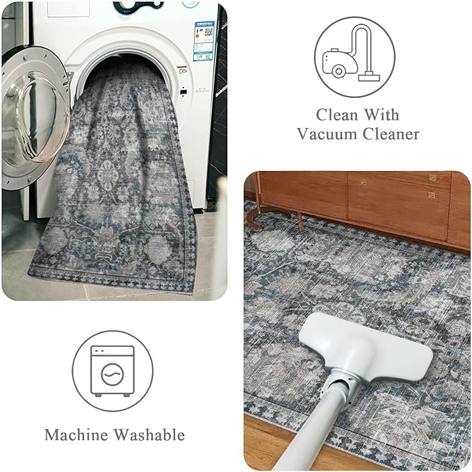 RUGSURE Washable Area Rugs - Perfect for Living Room, Bedroom, Kids Room, Nursery - Stain & Water Resistant Non-Slip, Pet & Child Friendly, Vintage Tribal Area Rugs (Grey and Bule, 9' x 12')