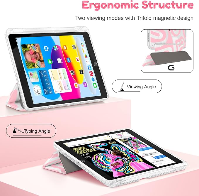 Case for iPad 9th/ 8th/ 7th Generation 10.2-Inch Case(2021/2020/2019 Release) Glitter Tablet Cases with Transparent Acrylic Back+Trifold Stand+Pencil Holder+Auto Wake/Sleep Bows-Stripe