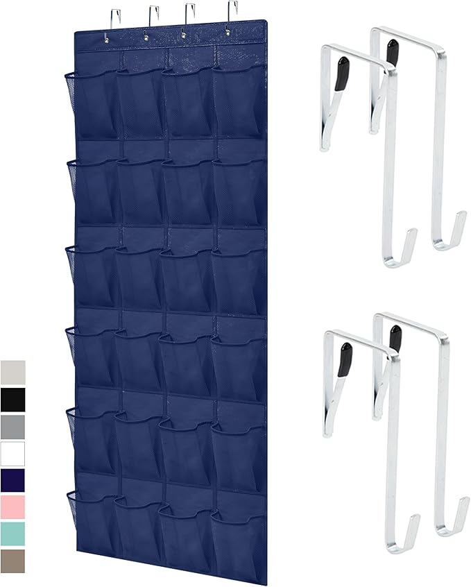 GORILLA GRIP Over the Door Shoe Organizer, 24 Large Breathable Mesh Pockets, Space Saving Hanging Storage Holder, Closet Rack Hanger Holds Up to 40 lbs, Hangs on Closets for Shoes, Accessories, Navy