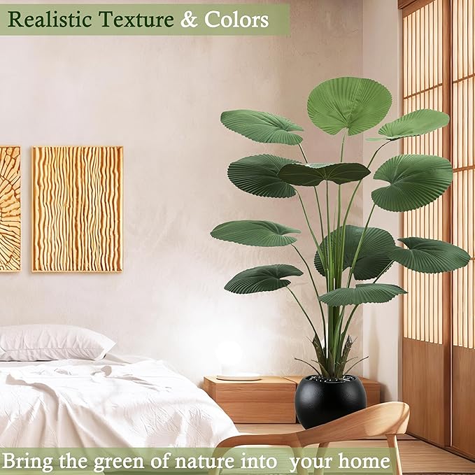 Artificial Fan Palm Tree: 5FT Fake Licuala Ruffled Fan Palm Plant Faux Tropical Plant Realistic Tall Floor Tree in Black Egg-Shaped Pot for Home Decor Office Patio Hotel Garden Indoor Outdoor