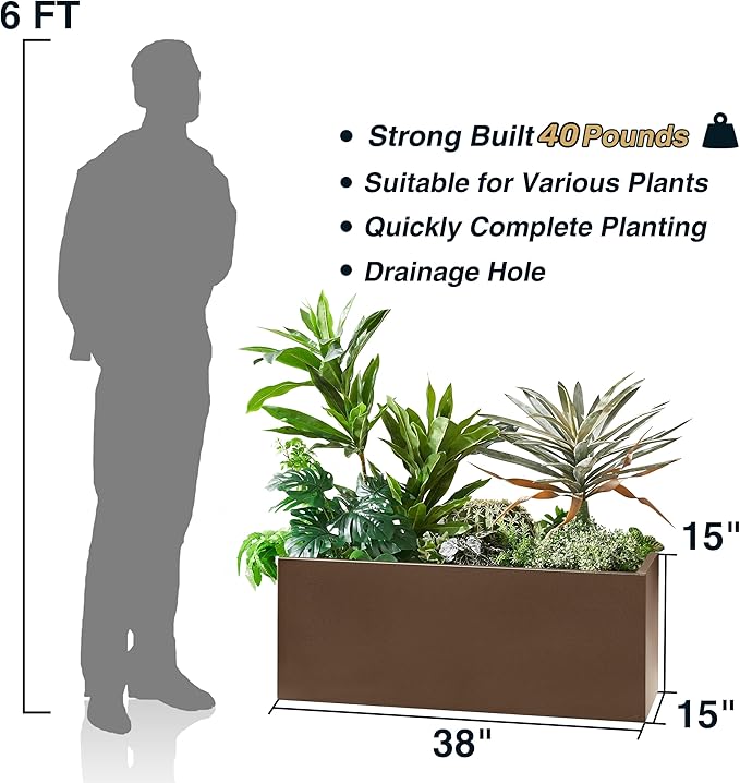 Wallowa Metallic Heavy Long and Large Outdoor/Indoor Planter Box, 38”Lx15”Wx15”H, 40Pounds, Espresso