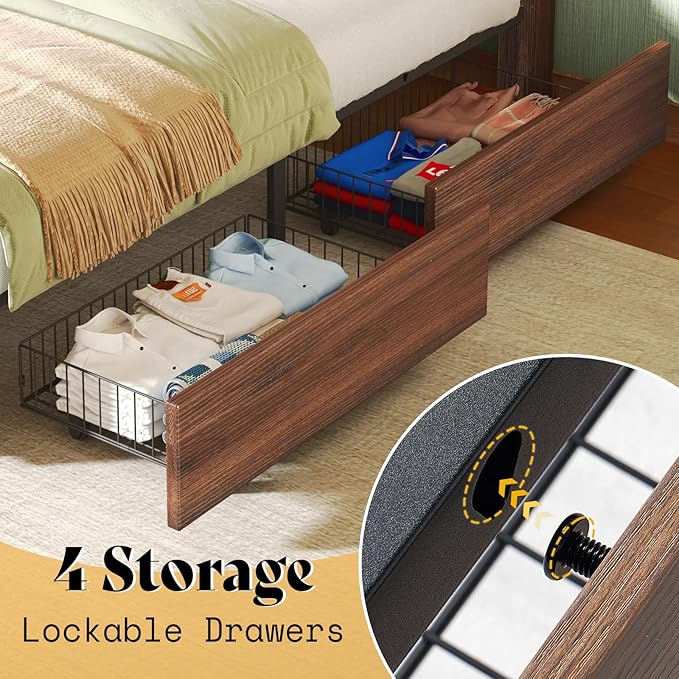 AMERLIFE Full Size Farmhouse Bed Frame with 4 Drawers, Wooden Storage Bed Frame with Headboard and Heavy Duty Metal Slats, Noisy Free, Easy Assemble, Rusric Brown
