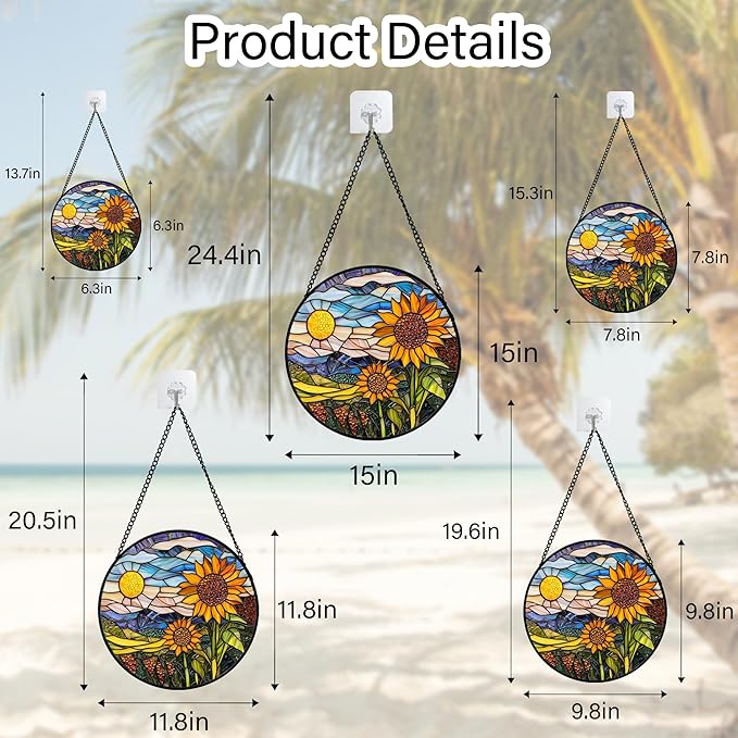 Stained Glass Suncatcher, Sunflower Flowers Landscape Sun Catcher Plant Mountains Stain Glass Window Hanging Decoration Mother's Day Birthday Gifts for Women Men Mom Nana 6.3 in