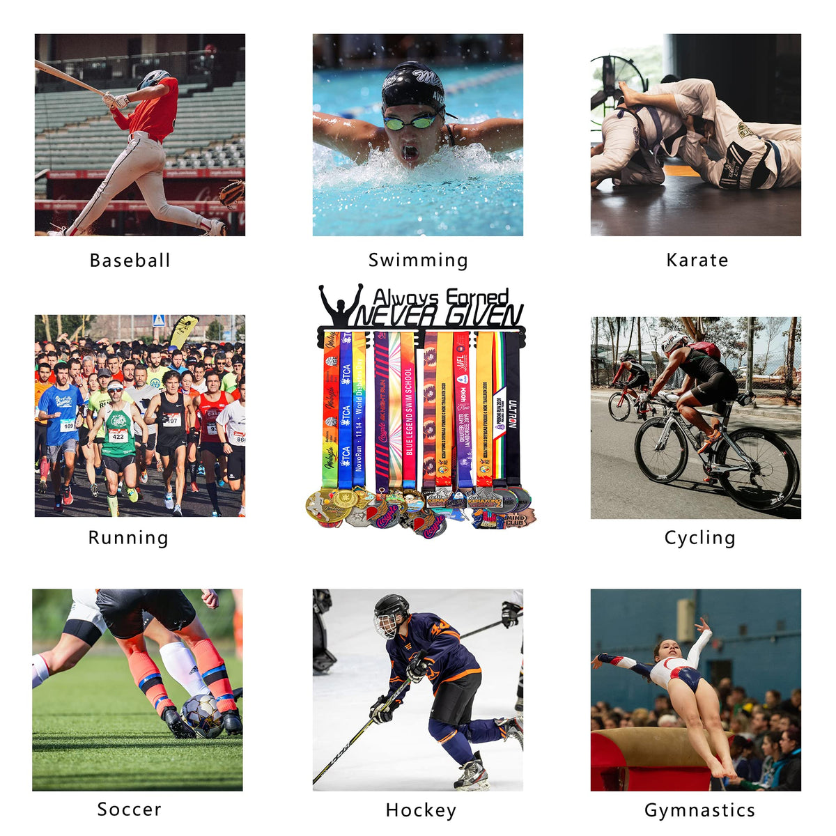 Goutoports Medal Holder Display Hanger Award Ribbin Rack for Sport Race Runner - Always Earned Never Given - Wall Mount Hold Up 60 Medal Hanger Display for Athlete Easy to Install