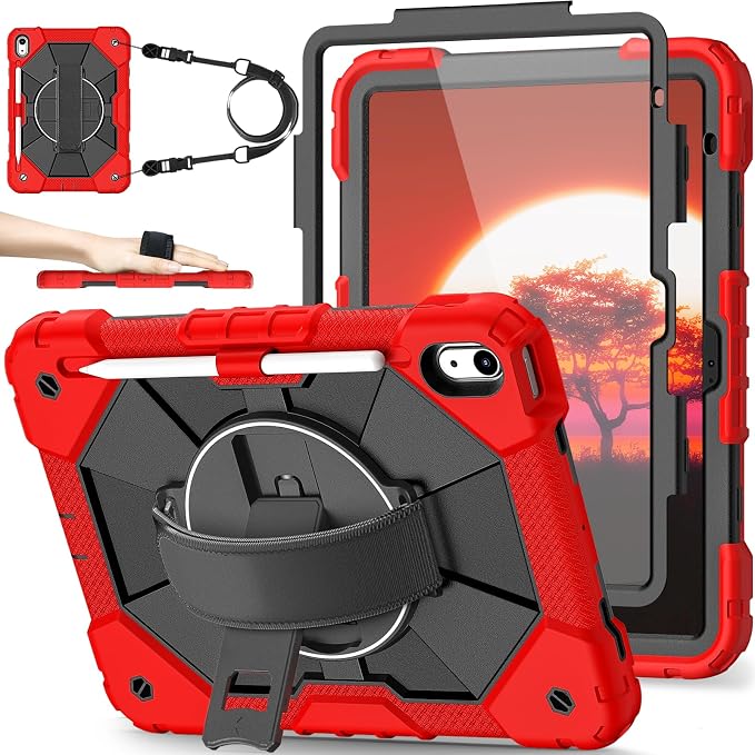Nitupai Case for iPad 10th Generation 10.9 Inch 2022 / iPad A16 Case 11 Inch 2025 with Screen Protector 10th Gen Cover for Kids Pencil Holder 360° Rotating Stand Shoulder Strap Black Black