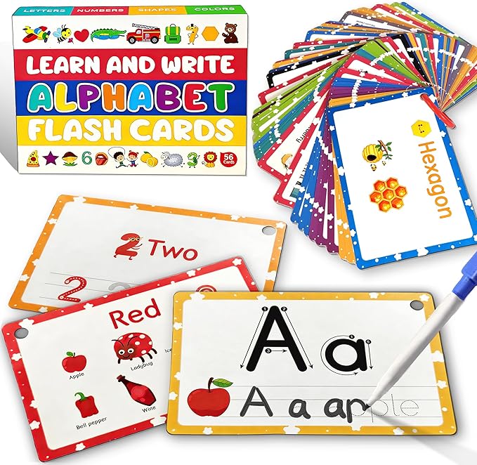4-in-1 Learning Alphabet Flash Cards for Toddlers 1-3, Recognition Learning Game, Thick Numbers, Shapes, ABC Card, Color Card, Alphabet Flash Cards for Toddlers 1-3