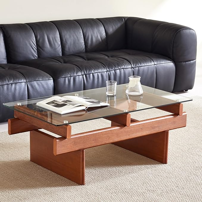 IWOOD Glass Coffee Table for Living Room,100% Solid Wood Coffee Table with Rectangular Tempered Glass Top,Mid Century Modern Coffee Table,Walnut