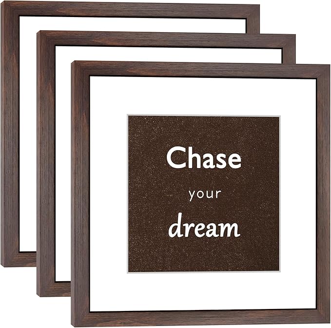 12x12 Walnut Picture Frame Set of 3 for Pictures 8x8 with Mat or 12x12 Without Mat,Wall or Tabletop Gallery Photo Frames with Real Glass