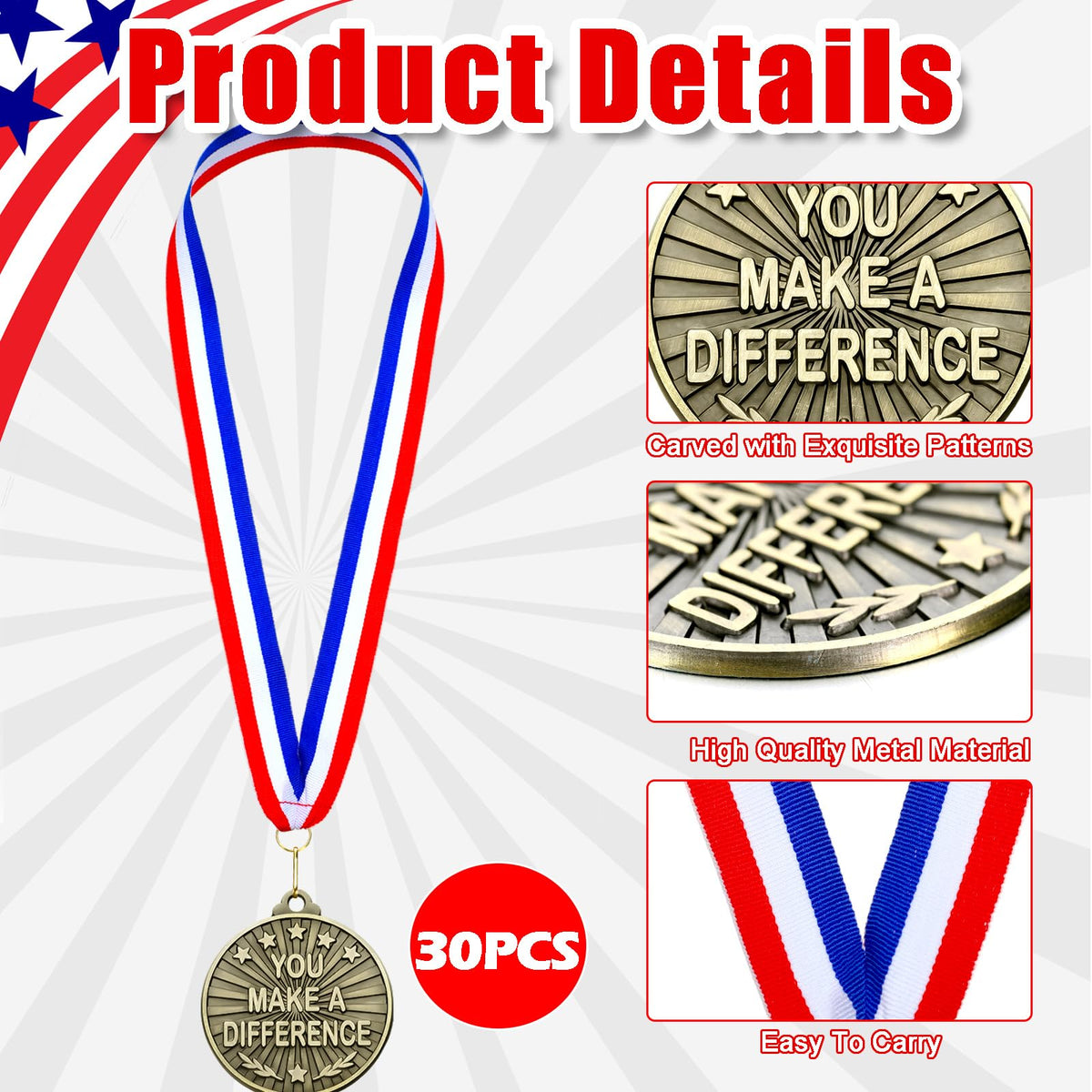 Quelay 30 Pcs 2'' Gold Awards Medals Bulk Winner Medals with Neck Ribbons Encourage Team Participation for Adults Trophy Award Prize Gift Competitions Graduation Party(Make A Difference)