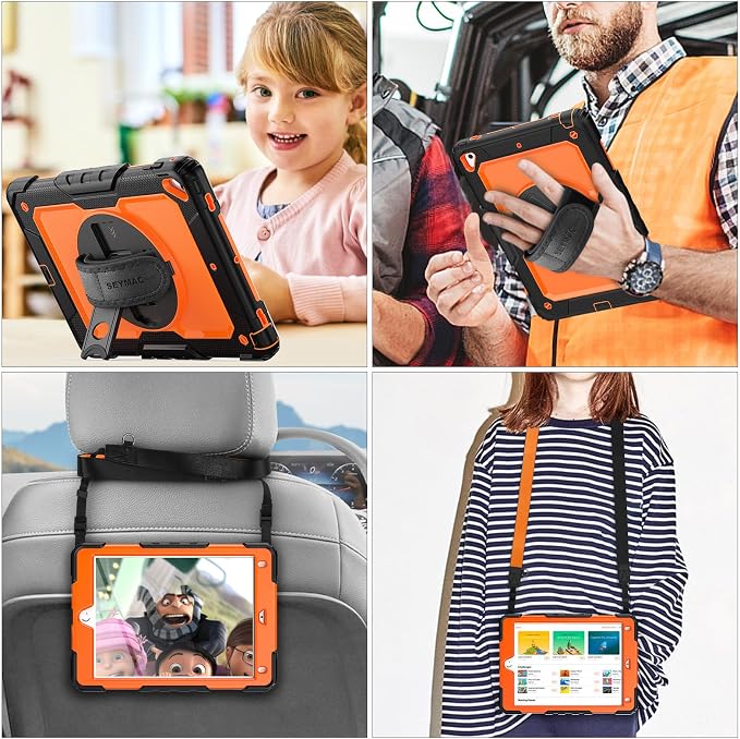 SEYMAC stock Case for iPad 6th / 5th Generation Case/Air 2 / Pro 9.7 inch Heavy Duty Protective with Screen Protector with Pencil Holder Hand Strap Shoulder Strap 360 Rotate Stand Black