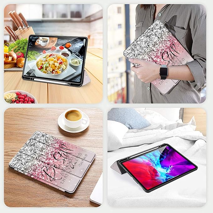 for iPad Pro 12.9 Case 4th Generation 2020 &amp 2018Pencil Holder Auto Sleep/Wake Back Smart Soft TPU Case Cover for iPad Pro 12.9 4th GenPink Bible Verse Psalm 46:10