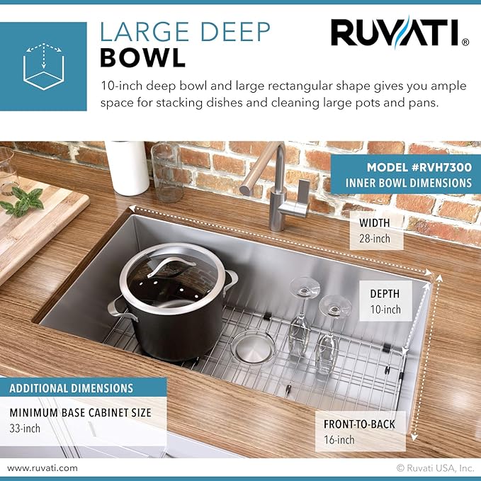 Ruvati 30-inch Rounded Corner Undermount Kitchen Sink Single Bowl – 16 Gauge Stainless Steel Kitchen Sink with Accessories and Brushed Finish hides scratches, Easy-to-Clean Undermount Sinks - RVH7300
