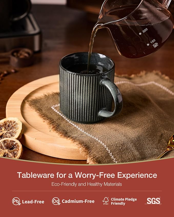 famiware Coffee Mug Set for 6, Star 12 oz Catering Mugs Cup Set with Handle for Coffee, Tea, Cocoa, Milk - Ceramic Stoneware Drinkware Set, Deep Forest