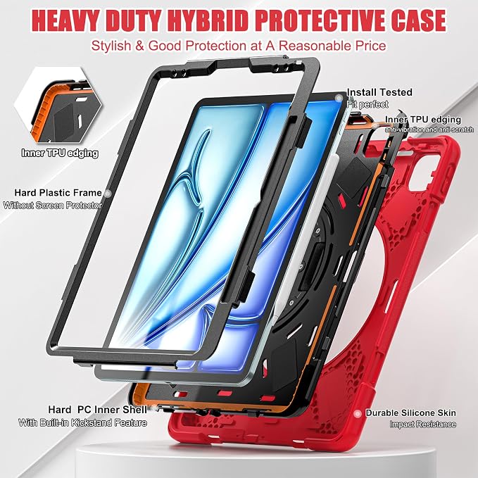 Batianda VortiGrip Case for iPad Air 11 M2/M3/M4 2024-2026 Colorful Blue | Heavy Duty Triple-Layer Rugged Case with 360° Rotating Hand Strap Foldable Hidden Stand Shoulder Strap and Pencil Holder