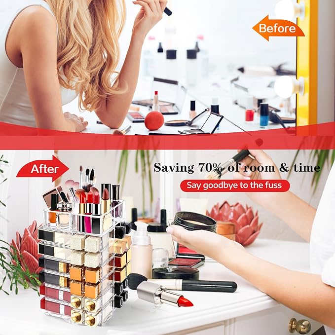 Acrylic Lipstick Tower Holder, 360 Degree Rotating Makeup Cosmetic Lipsticks Organizer with 53 Slots, Spinning Lipgloss Storage Display Stand Holder