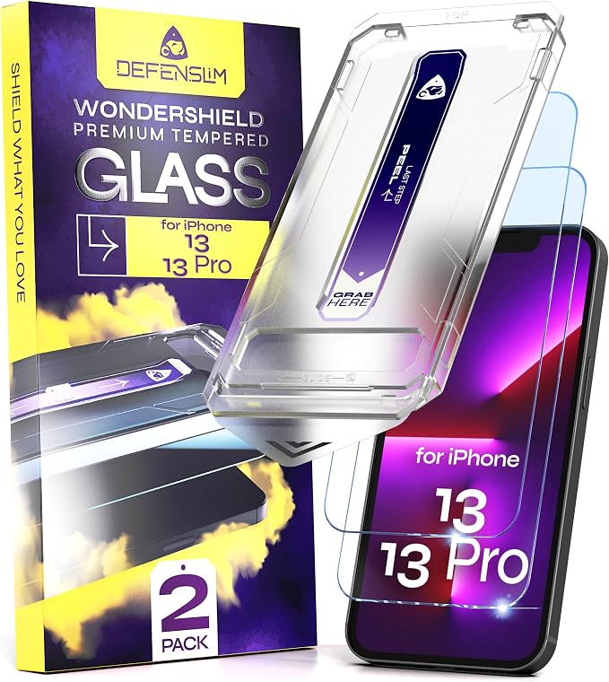 for iPhone 13 &amp 13 PRO Screen Protector (2Pack) Easy Auto-Dust &amp Align Install Kit 6.1 Tempered Glass 9H Hardness Ultra HD Clear Case Friendly WonderShield