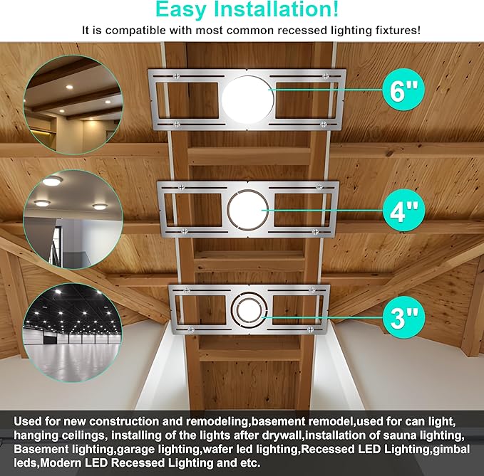New Construction Mounting Plate, 3-4-6 Inch, LED Recessed Lighting Housing Kits for remodeling, Basement remodeling, Hanging Ceiling and LED Lighting, Shallow Recessed Lighting Housing Plate,20PC
