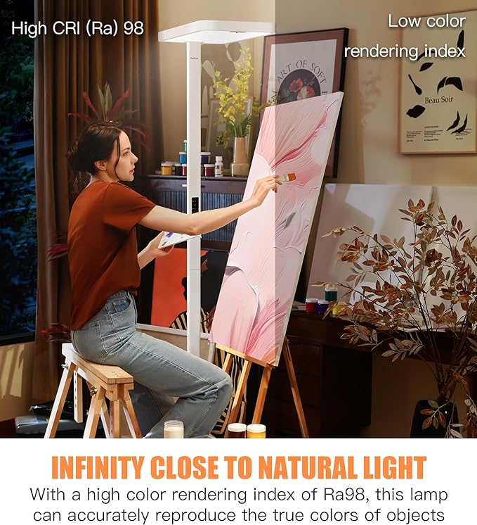 Pure Light Floor Lamp - Motion Sensor, 100W Full-Spectrum Standing Lamp for Bedroom, Living Room & Office - 60000+h Lifetime, 9500LM, 4000K, White Floor Lamp