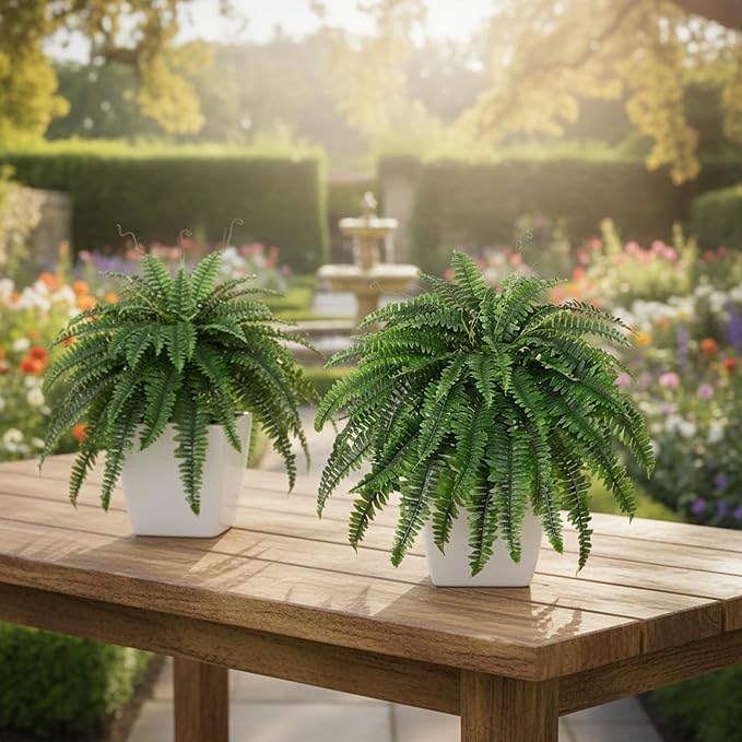 Trivon 28" Tall Outdoor Artificial Plants, Pack of 1 UV Resistant Artificial Boston Fern with 55 Branches, Faux Outdoor Flowers for Office & Living Room Decor, Fake Fall Mums Bush