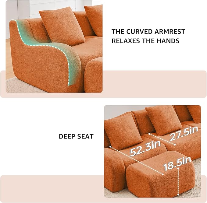 Orange Teddy Fabric Cloud Ottoman, Modern Boneless Modular Footstool in a Box for Living Room, Comfortable Deep Seat Design, No Assembly Required, Sofas para Sala