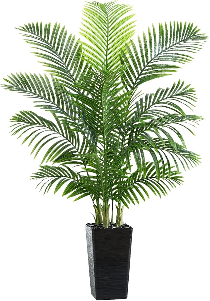 Artificial Palm Tree 5FT - Tall Fake Tree with Black Taper Planter & Pebbles, UV Resistant for Indoor & Outdoor, Large Potted Faux Plant, Tropical Areca Floor Plant for Living Room, Office, Home Decor
