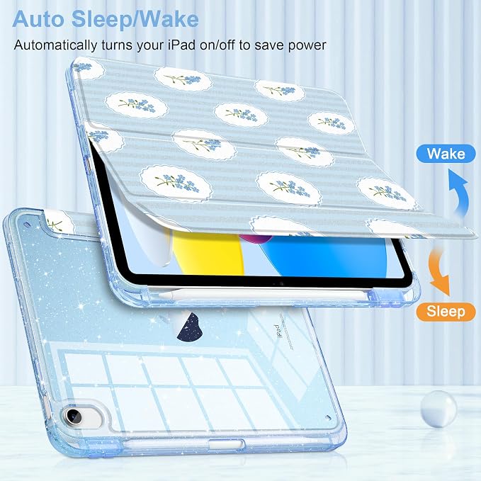 MEEgoodo Case for iPad A16 11th Generation 2025/10th Generation 2022 Glitter Tablet Cases with Transparent Acrylic Back+Trifold Stand +Pencil Holder+Auto Wake/SleepAbstract Sun &amp Palm Tree