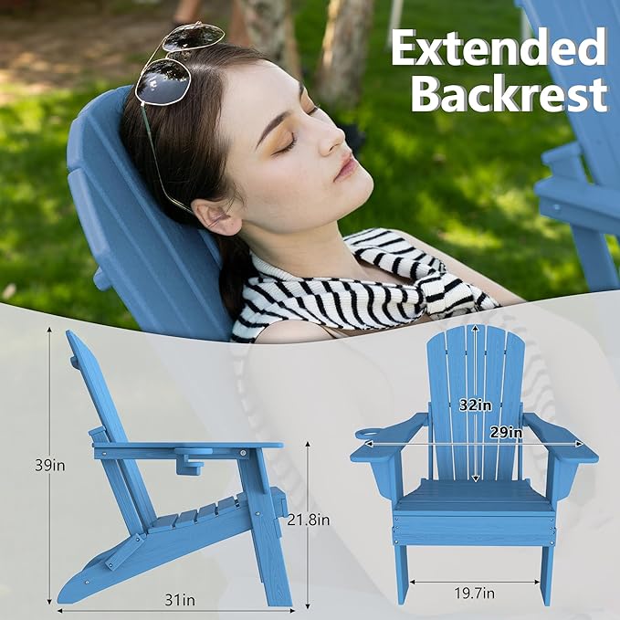 Plawdlik Folding Adirondack Chair Set of 4 with Cup Holder, SGS Tested, HDPE Heavy All-Weather,Wooden Textured,Backyard Fire Pit, Light Blue