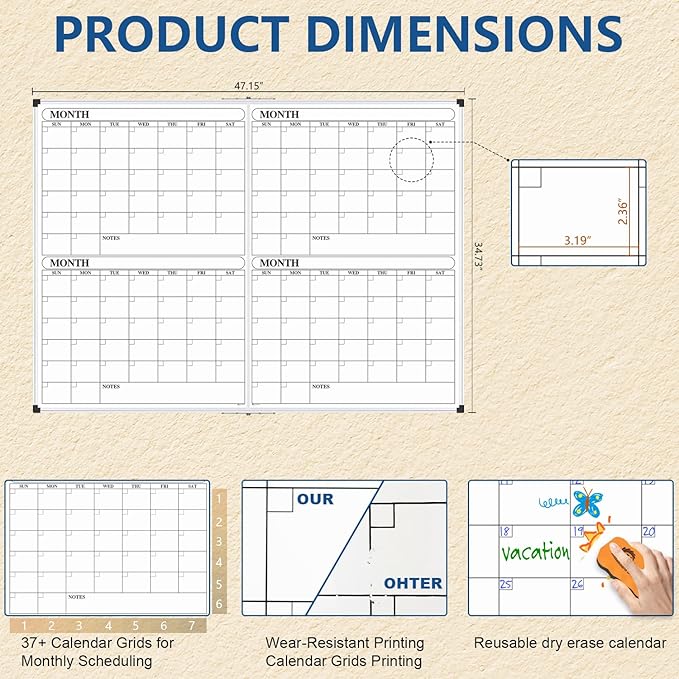 XBoard Magnetic Calendar Whiteboard 48x36 inch, 4 Month Dry Erase Board Planner with Silver Aluminium Frame, Foldable White Board Calendar for Home School Office Organization