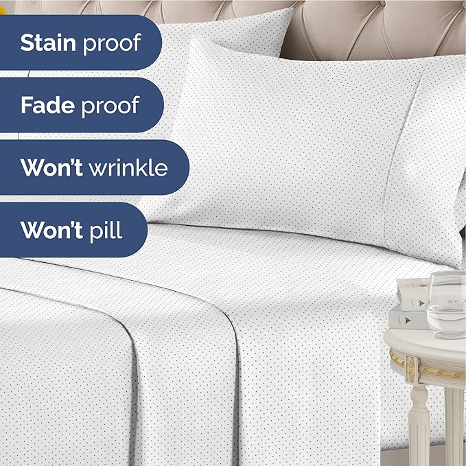 Black Polka Dots Bed Sheet Set – 1 Flat & 1 Fitted Sheet & 2 Pillowcases w/ Deep Pockets – Polka Dot Bedding - Wrinkle & Fade Resistant - Soft, Breathable & Cooling - Comfy, Luxury Bed Set - King Size