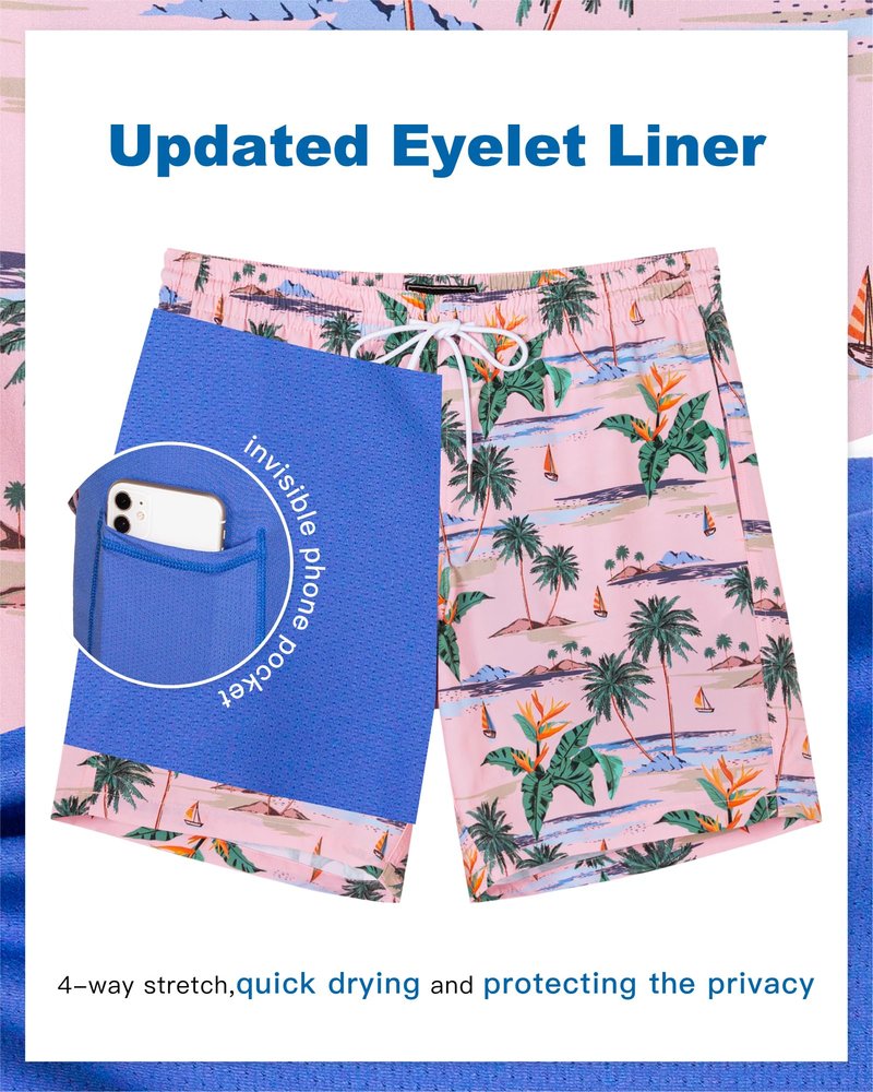 SURF CUZ Mens Swim Trunks with Compression Liner Quick Dry Swim Shorts 7" Swimming Trunks Stretch Bathing Suit 7 Inch,Pink Blue Sea,XS