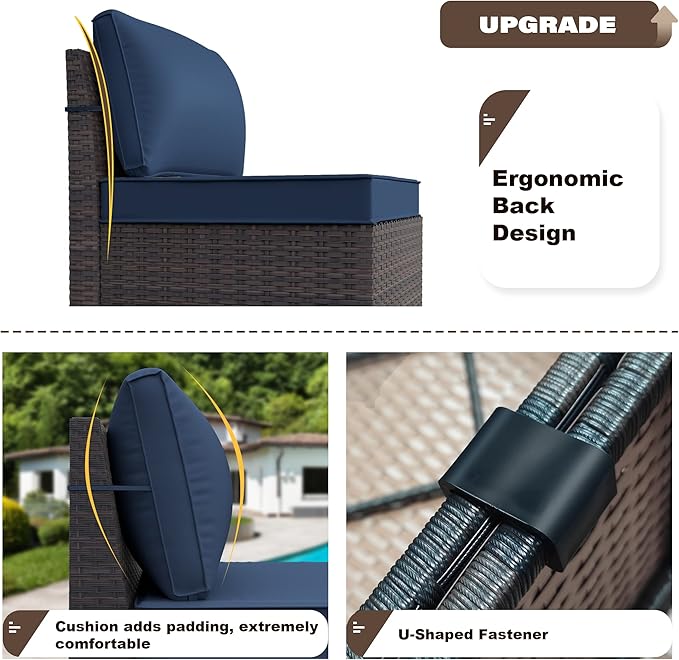Kurapika 9 Pieces Patio Furniture Set, Rattan Wicker Sofa Set, Outdoor Conversation Sets w/Swivel Rocking Chairs Patio Sectional Sofa w/4in Cushion, Navy Blue