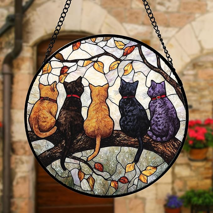 Stained Glass Window Hanging - 5 Cats on a Branch Suncatcher for Window Doors Home Decoration and Christmas, Mother's Day Father's Day Birthday Gifts for Women, Men, and Mom 9.8x9.8 in