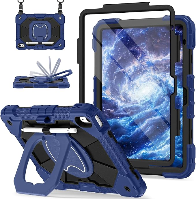 Scnioy Case for iPad (A16) 11th Generation 11 Inch (2025) / iPad 10th Generation Case 10.9 Inch (2022) with 360° Rotating Stand Screen Protector Pen Holder Shoulder Strap Black