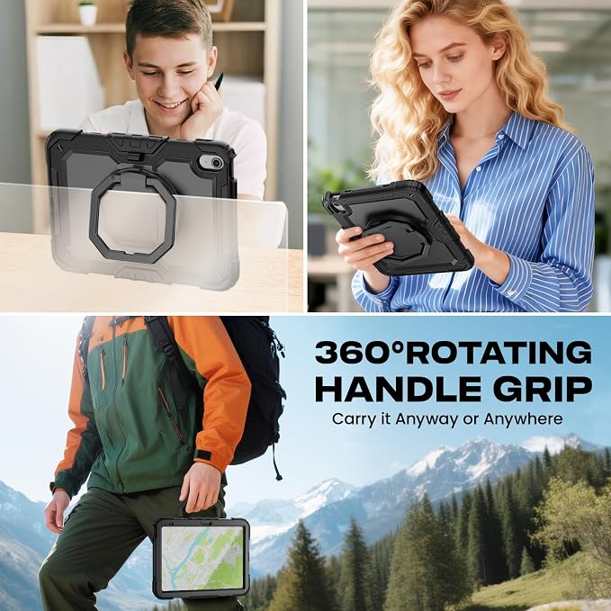 SEYMAC stock Handle Case for iPad (A16) 11th / 10th Gen 11'' /10.9'' Black | Full-Body Drop Protection Shockproof Case Pencil Holder Screen Protector 360 Ring Handle Stand 2025/2022 Released