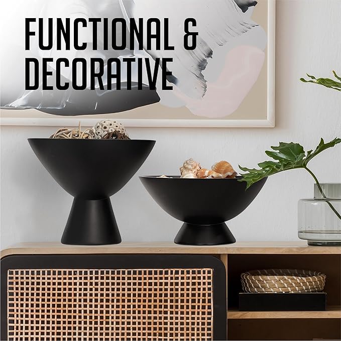 Black Pedestal Bowl - 10 Inch, Wide Black Footed Bowl as Fruit, Key, Decorative, Candy Holder or Centerpiece, Wooden Bowl Decorative for Kitchen, Dining Table & Modern Home Accessories