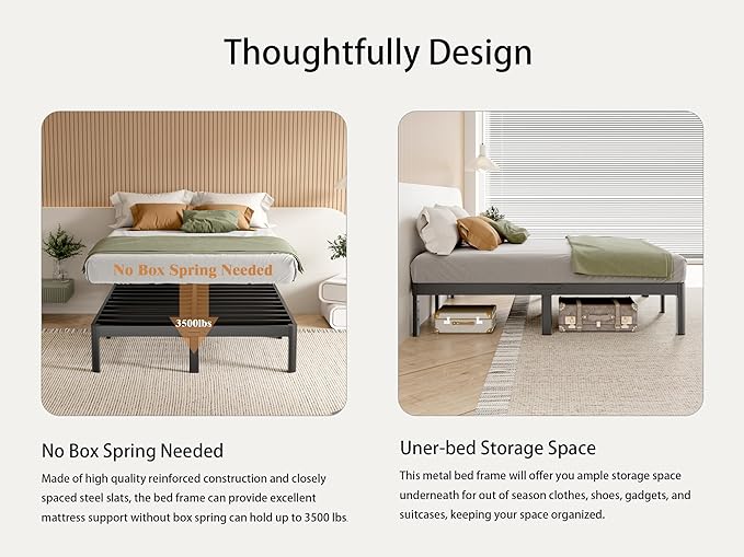 Full Size Bed Frame 16 Inch, Metal Platform Full Bed Frame No Box Spring Needed, DIY Headboard Hole, Heavy Duty Steel Support 3500 LBS, Noiseless, Round Leg, Storage Space, Easy Assembly, Black