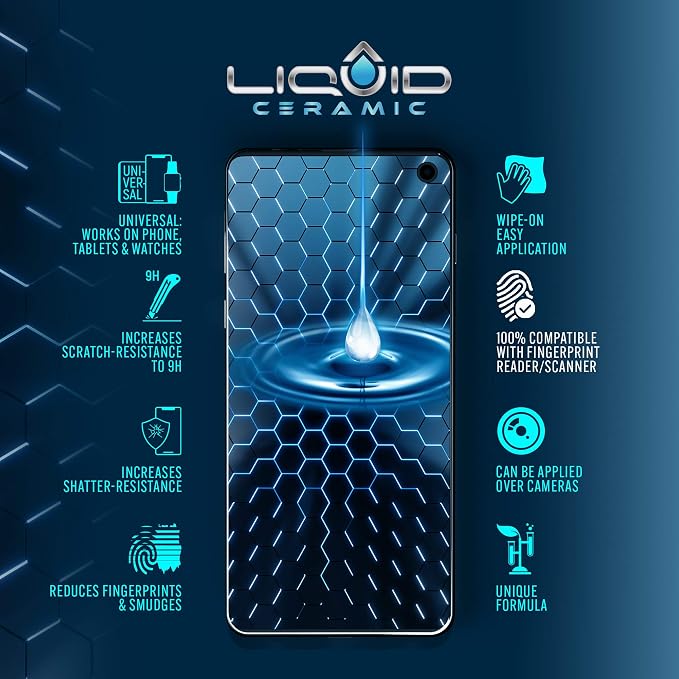LIQUID CERAMIC Glass Screen Protector With $400 Coverage | Scratch and Shatter Resistant Wipe On Nano Protection for All Phones Tablets and Smart Watches - Universal Fit