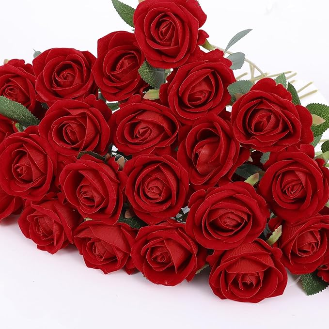 60 Pcs Artificial Roses Bulk Velvet Silk Roses Red Rose Flowers for Wedding Centerpieces Bridal Bouquet Mohter's Day Valentine's Day Christmas Home Decor (60, Red)