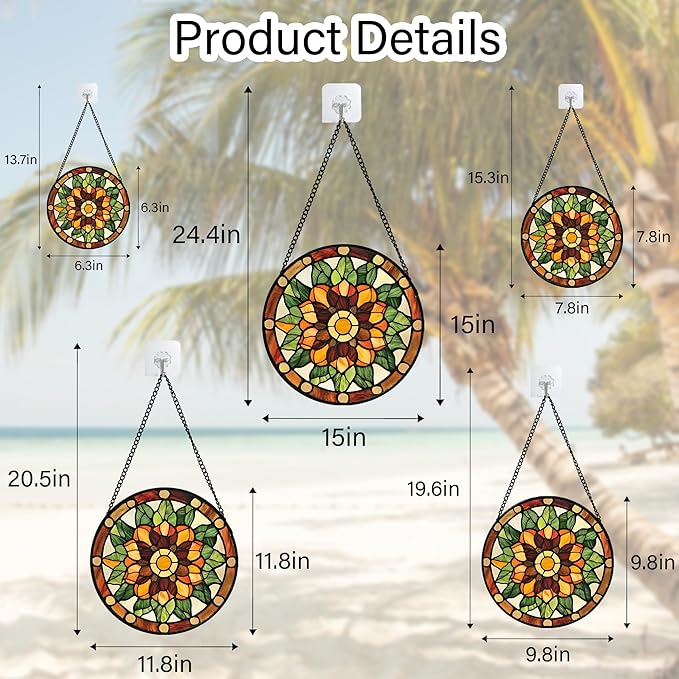 Stained Glass Window Hanging - Yellow Green Boho Style Flowers Sun Catcher for Door Garden Home Decor Suncatcher Christmas Mother's Day Birthday Gifts for Women Mom Girl Nana Friend 6.3 in