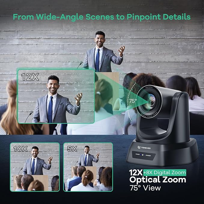 TONGVEO PTZ Camera AI Auto Tracking 12X Optical Zoom Conference Room Camera Wide View HDMI/USB3.0 60fps 1080P Video Conference for Church Worship Meeting Online Learn with Zoom YouTube OBS and More